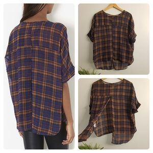 TOPSHOP short sleeve split back plaid blouse